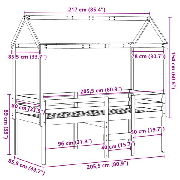 Hochbett mit Dach 80x200 cm Massivholz Kiefer