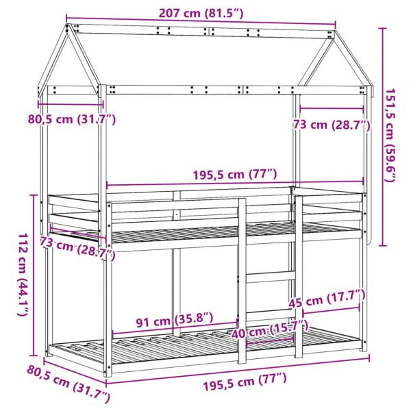 Etagenbett mit Dach Wachsbraun 75x190 cm Massivholz Kiefer