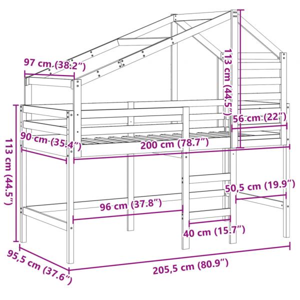 Hochbett mit Dach Wachsbraun 90x200 cm Massivholz Kiefer