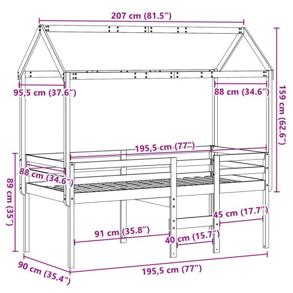 Hochbett mit Dach 90x190 cm Massivholz Kiefer