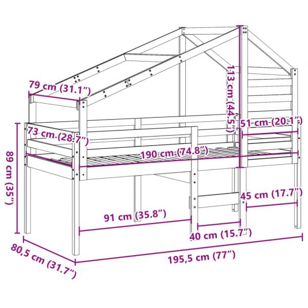 Hochbett mit Dach Wachsbraun 75x190 cm Massivholz Kiefer