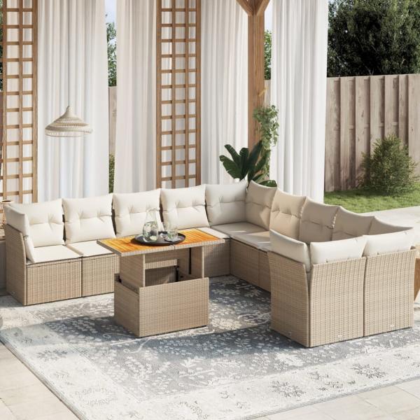 ARDEBO.de - 11-tlg. Garten-Sofagarnitur mit Kissen Beige Poly Rattan