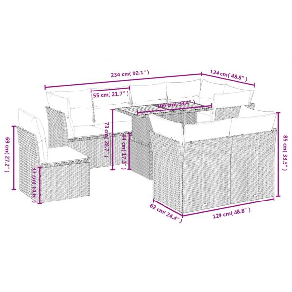 9-tlg. Garten-Sofagarnitur mit Kissen Beige Poly Rattan