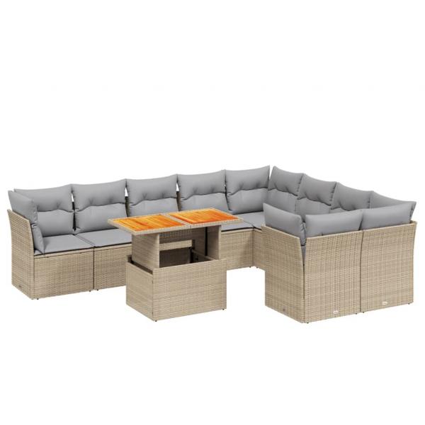 10-tlg. Garten-Sofagarnitur mit Kissen Beige Poly Rattan