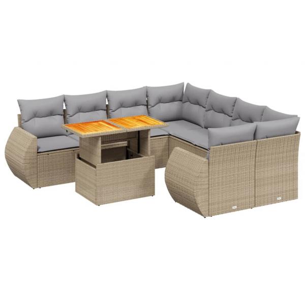 9-tlg. Garten-Sofagarnitur mit Kissen Beige Poly Rattan