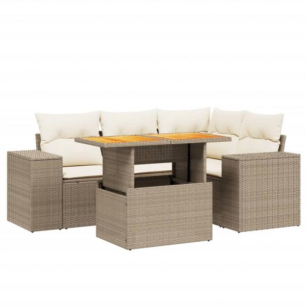 5-tlg. Garten-Sofagarnitur mit Kissen Beige Poly Rattan