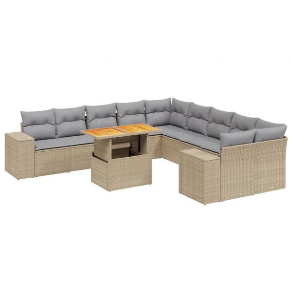 11-tlg. Garten-Sofagarnitur mit Kissen Beige Poly Rattan