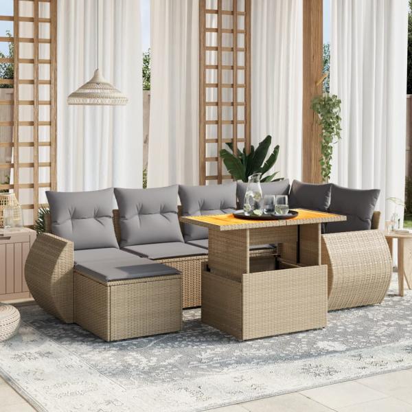 ARDEBO.de - 7-tlg. Garten-Sofagarnitur mit Kissen Beige Poly Rattan