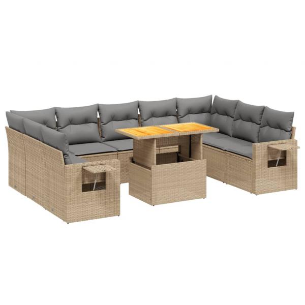 10-tlg. Garten-Sofagarnitur mit Kissen Beige Poly Rattan