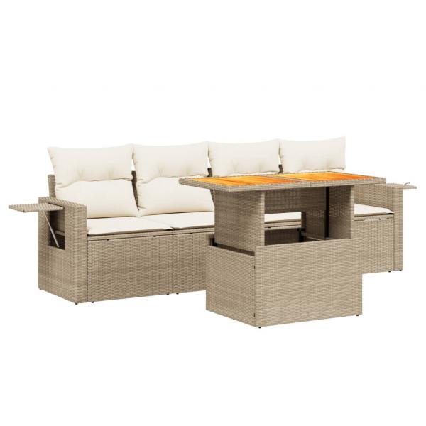 5-tlg. Garten-Sofagarnitur mit Kissen Beige Poly Rattan