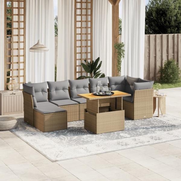 ARDEBO.de - 8-tlg. Garten-Sofagarnitur mit Kissen Beige Poly Rattan