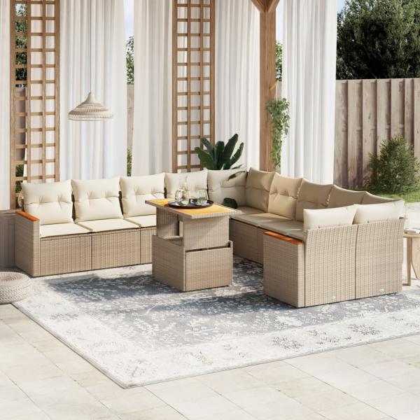 ARDEBO.de - 11-tlg. Garten-Sofagarnitur mit Kissen Beige Poly Rattan