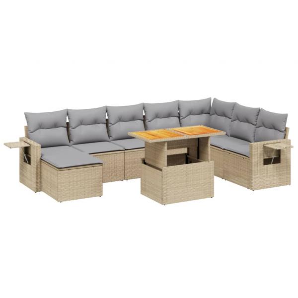 9-tlg. Garten-Sofagarnitur mit Kissen Beige Poly Rattan