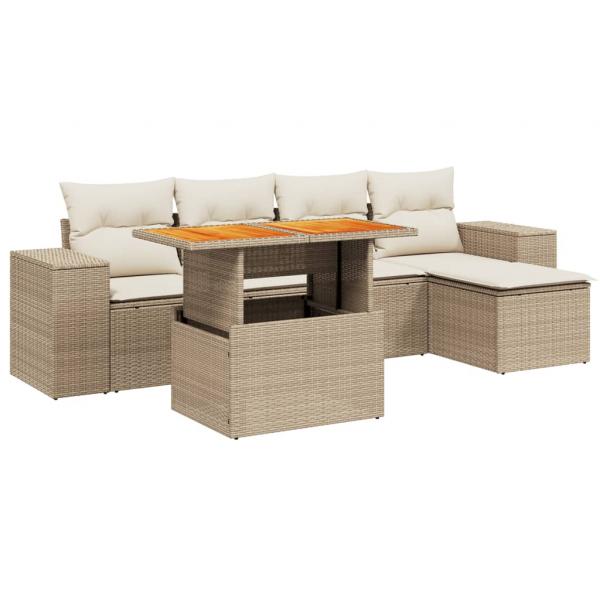 6-tlg. Garten-Sofagarnitur mit Kissen Beige Poly Rattan