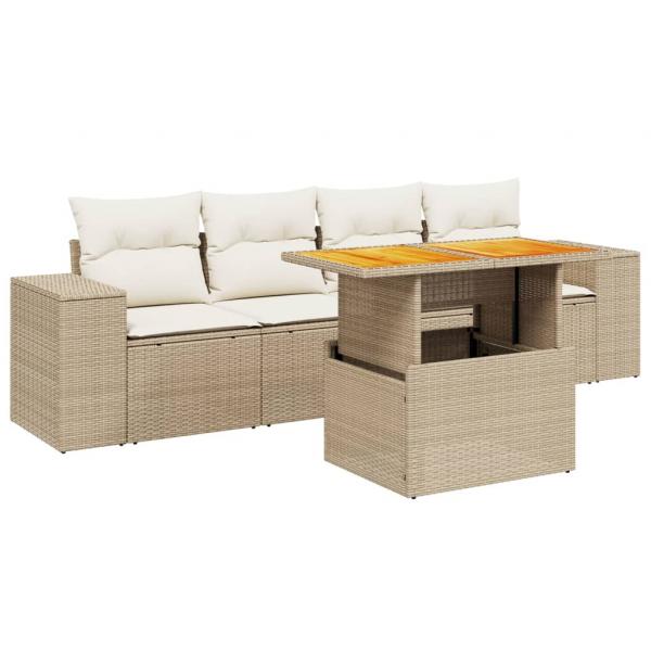 5-tlg. Garten-Sofagarnitur mit Kissen Beige Poly Rattan