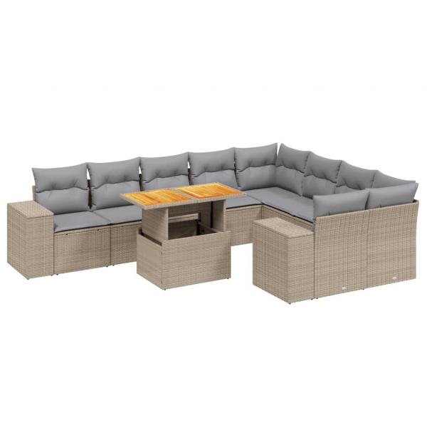 10-tlg. Garten-Sofagarnitur mit Kissen Beige Poly Rattan