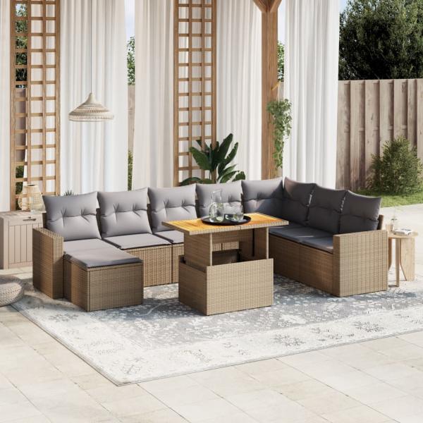 ARDEBO.de - 9-tlg. Garten-Sofagarnitur mit Kissen Beige Poly Rattan