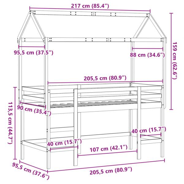 Hochbett mit Leiter und Dach 90x200 cm Massivholz Kiefer