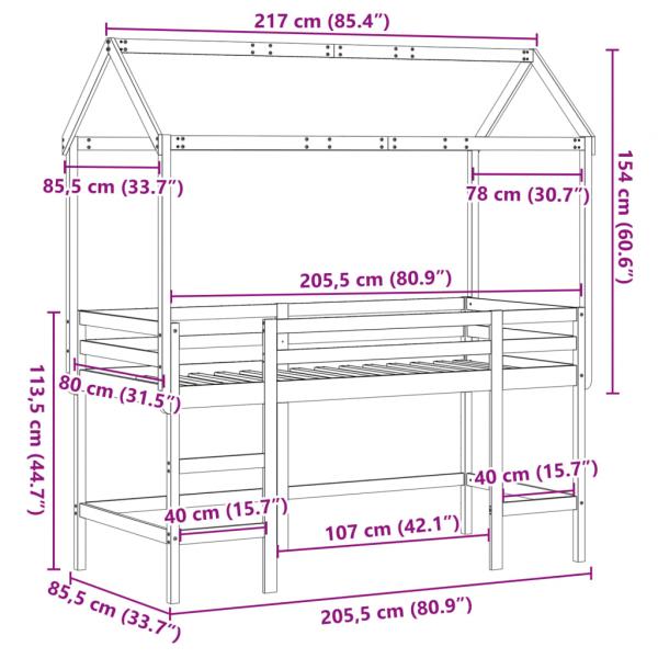 Hochbett mit Leiter und Dach 80x200 cm Massivholz Kiefer