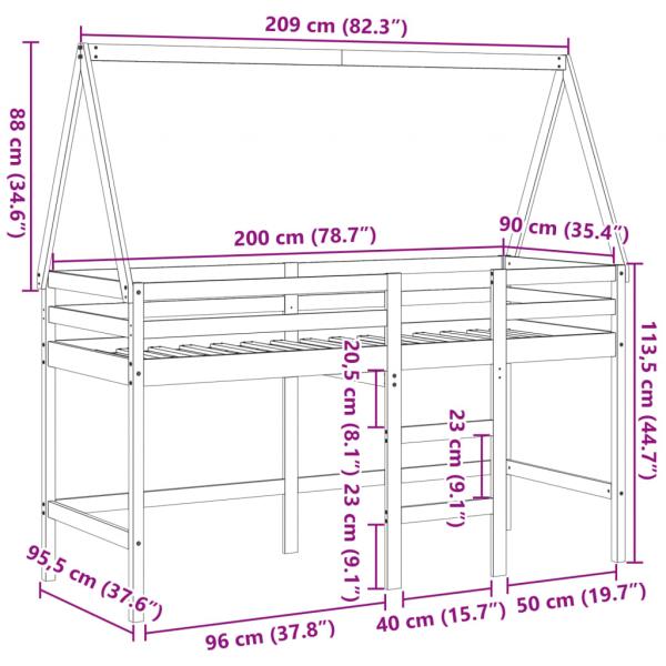 Hochbett mit Leiter und Dach 90x200 cm Massivholz Kiefer