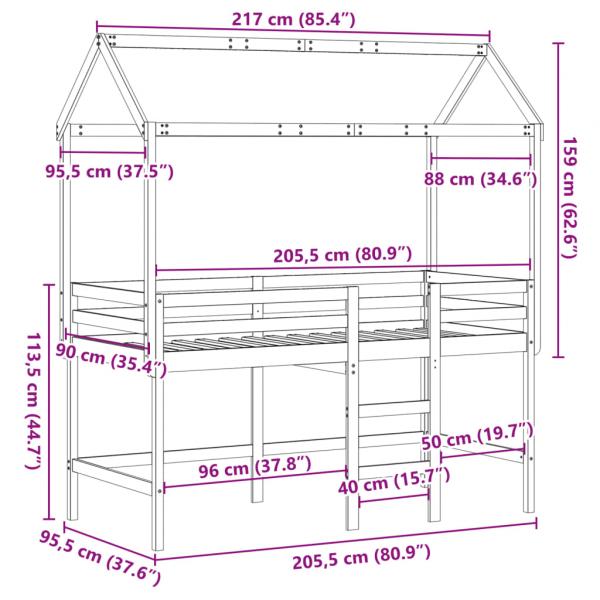 Hochbett mit Leiter und Dach 90x200 cm Massivholz Kiefer