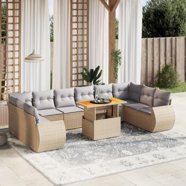 ARDEBO.de - 11-tlg. Garten-Sofagarnitur mit Kissen Beige Poly Rattan