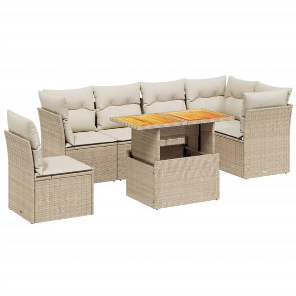 7-tlg. Garten-Sofagarnitur mit Kissen Beige Poly Rattan