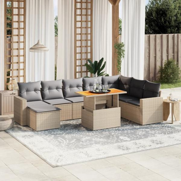 ARDEBO.de - 9-tlg. Garten-Sofagarnitur mit Kissen Beige Poly Rattan