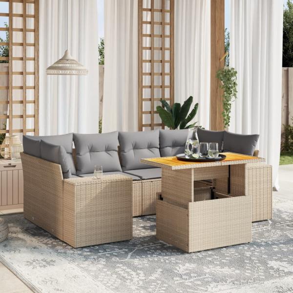 ARDEBO.de - 7-tlg. Garten-Sofagarnitur mit Kissen Beige Poly Rattan