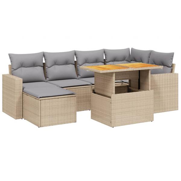 7-tlg. Garten-Sofagarnitur mit Kissen Beige Poly Rattan