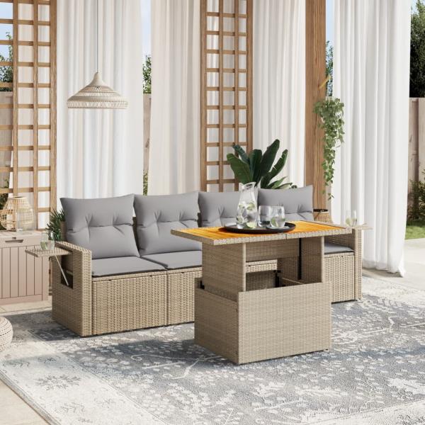 ARDEBO.de - 5-tlg. Garten-Sofagarnitur mit Kissen Beige Poly Rattan