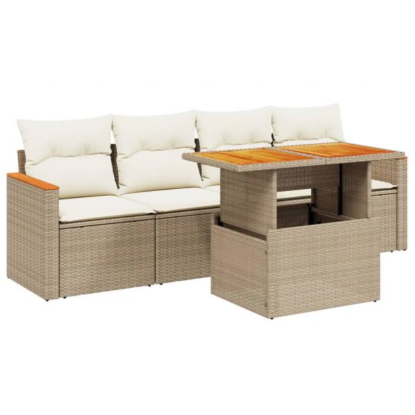 5-tlg. Garten-Sofagarnitur mit Kissen Beige Poly Rattan