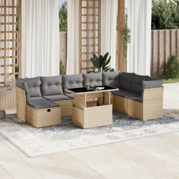 ARDEBO.de - 9-tlg. Garten-Sofagarnitur mit Kissen Beige Poly Rattan