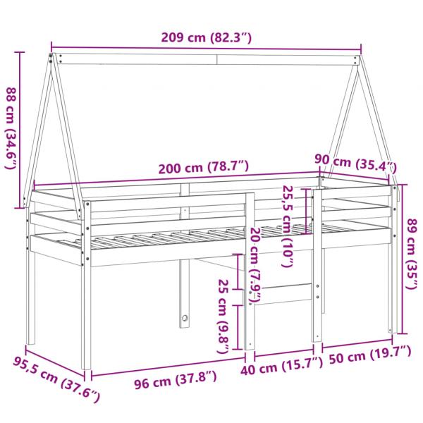 Hochbett mit Dach Wachsbraun 90x200 cm Massivholz Kiefer