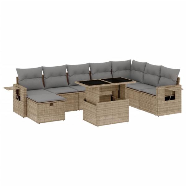 9-tlg. Garten-Sofagarnitur mit Kissen Beige Poly Rattan