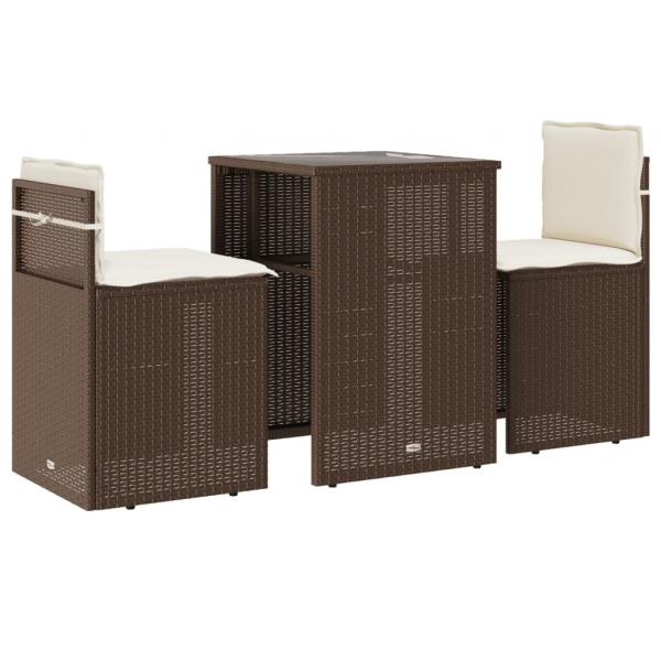 3-tlg. Bistro-Set mit Kissen Braun Poly Rattan