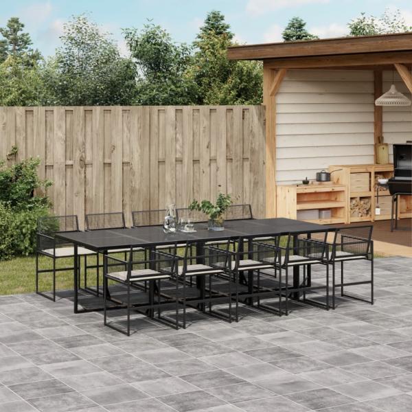 ARDEBO.de - 11-tlg. Garten-Essgruppe mit Kissen Schwarz Poly Rattan