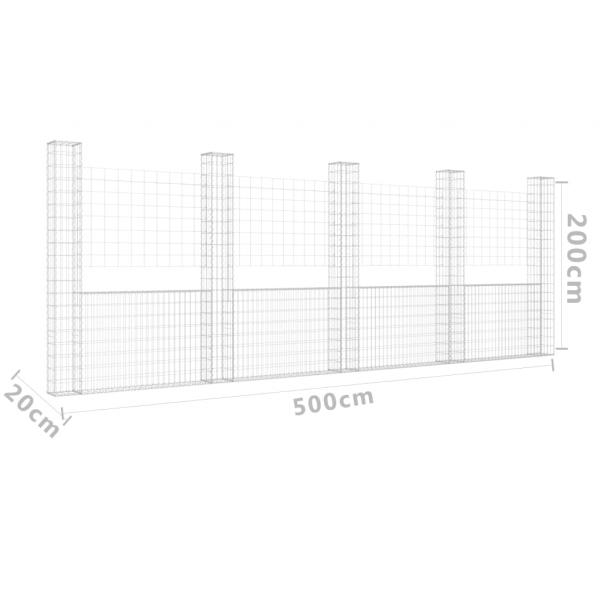 Gabionenkorb U-Form mit 5 Säulen Eisen 500x20x200 cm