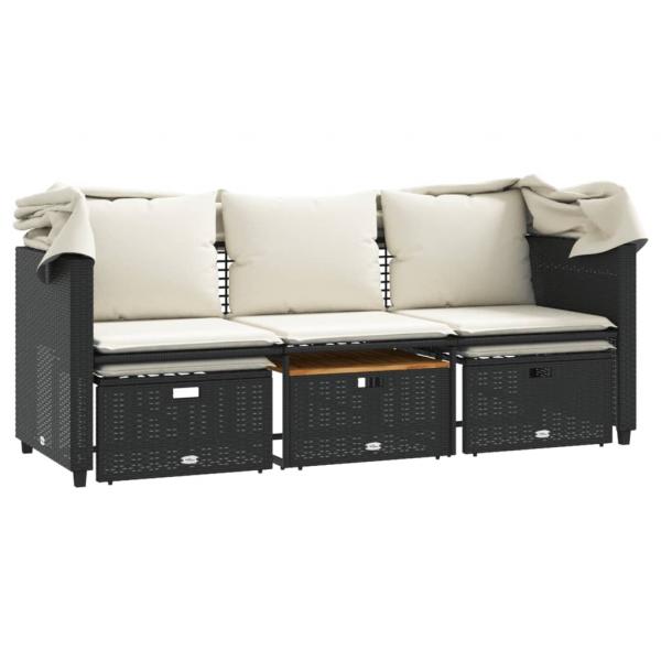 Outdoor-Sofa 3-Sitzer mit Dach und Hockern Schwarz Poly-Rattan