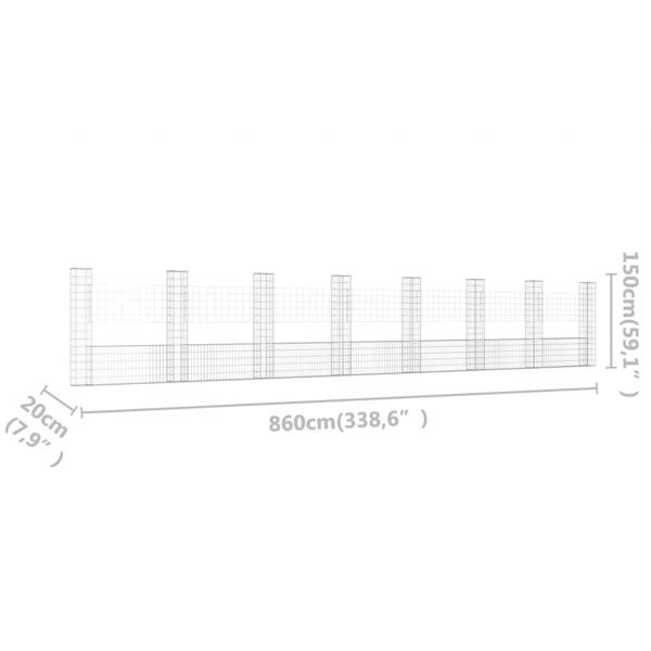 Gabionenkorb U-Form mit 8 Säulen Eisen 860x20x150 cm