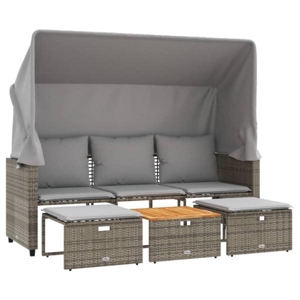 Outdoor-Sofa 3-Sitzer mit Dach und Hockern Grau Poly Rattan