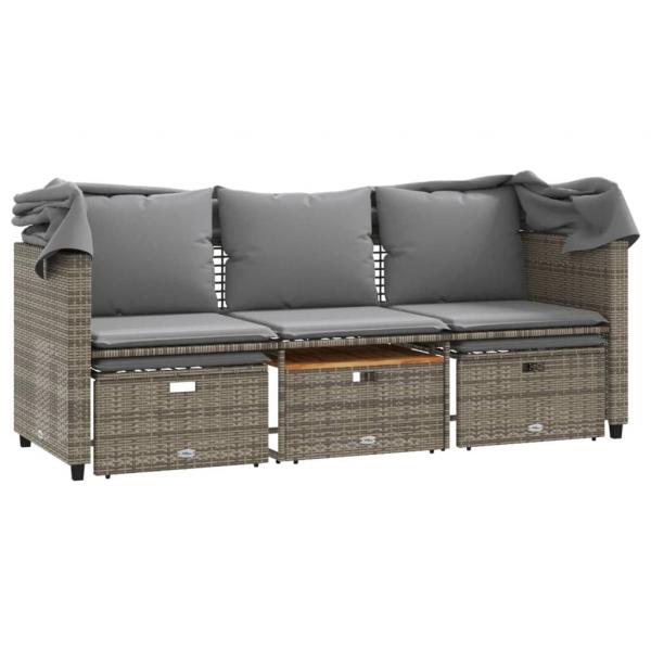 Outdoor-Sofa 3-Sitzer mit Dach und Hockern Grau Poly Rattan