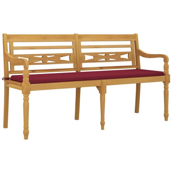 Batavia-Bank mit Weinrotem Kissen 150 cm Massivholz Teak