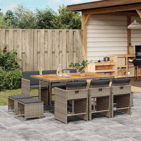 ARDEBO.de - 11-tlg. Garten-Essgruppe mit Kissen Grau Poly Rattan