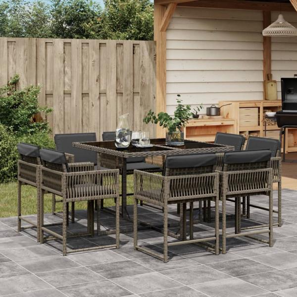 ARDEBO.de - 9-tlg. Garten-Essgruppe mit Kissen Grau Poly Rattan