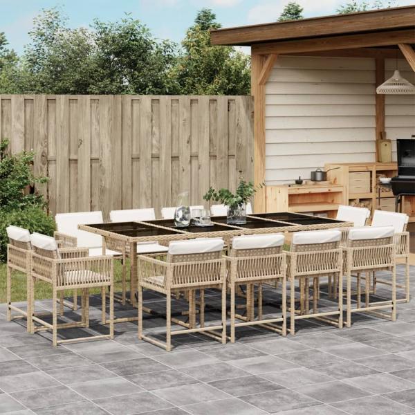 ARDEBO.de - 13-tlg. Garten-Essgruppe mit Kissen Beige Poly Rattan