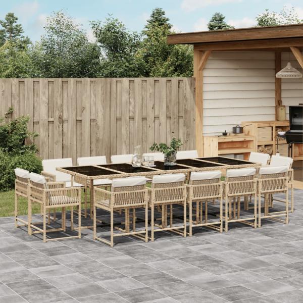 ARDEBO.de - 15-tlg. Garten-Essgruppe mit Kissen Beige Poly Rattan