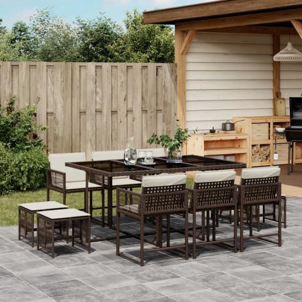 ARDEBO.de - 11-tlg. Garten-Essgruppe mit Kissen Braun Poly Rattan