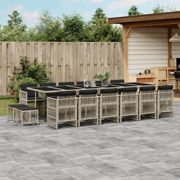 ARDEBO.de - 17-tlg. Garten-Essgruppe mit Kissen Hellgrau Poly Rattan