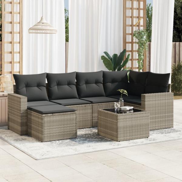 ARDEBO.de - 7-tlg. Garten-Sofagarnitur mit Kissen Hellgrau Poly Rattan